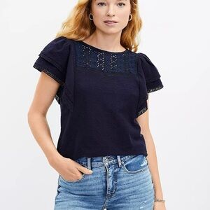 Loft Petite Eyelet Flutter Sleeve Top